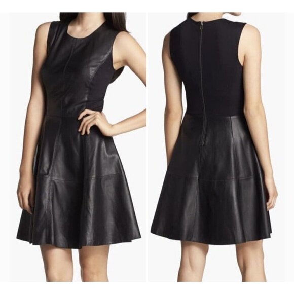 Halogen 100% LEATHER DRESS PONTE BLACK FIT FLARE CAREER SIZE 2 $295 (B) - Picture 2 of 12